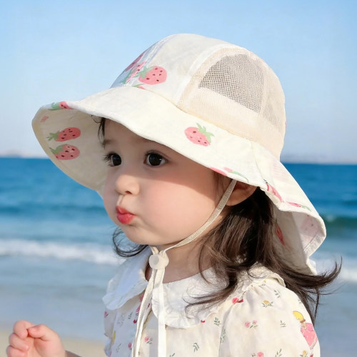 女宝宝遮阳帽子夏季薄款透气网眼大帽檐披肩帽儿童春天防晒渔夫帽