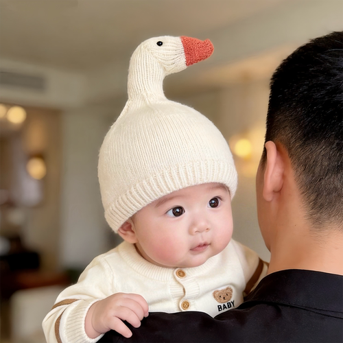 卡通呆头鹅婴儿帽子秋冬季保暖防风针织男女宝宝小月龄套头毛线帽