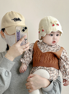 婴儿帽子秋冬季保暖防风针织毛线帽女宝宝可爱樱桃小月龄渔夫帽韩