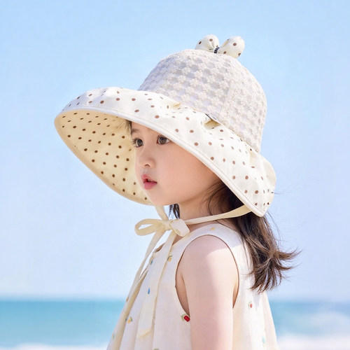 韩系波点儿童遮阳帽子夏季薄款网眼大帽檐渔夫帽女宝宝防晒太阳帽