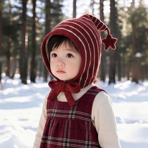 韩系条纹星星儿童帽子秋冬季保暖加厚针织护耳帽男孩女宝宝毛线帽