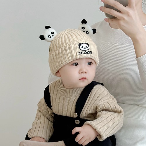 可爱卡通熊猫婴儿帽子秋冬季保暖加厚针织毛线帽男女宝宝套头帽潮