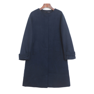 日单TOPV 毛呢外套女 U通勤百搭圆领暗扣直筒显瘦纯色中长款