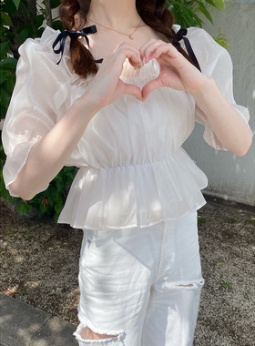 日系GL甜美木耳边一字领泡泡袖收腰短款衬衫女