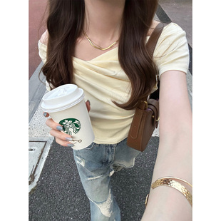 日系GRL性感褶皱荡领修身显瘦短袖T恤女