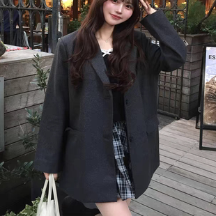 日单GRL冬季新款经典中长款毛呢小西装外套宽松oversize呢子西服