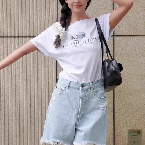 M家经典LOGO印花侧褶修身短袖T恤