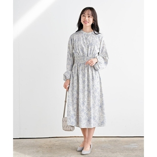 百搭圆领长袖 复古印花时尚 中长连衣裙女 S秋款 日单R