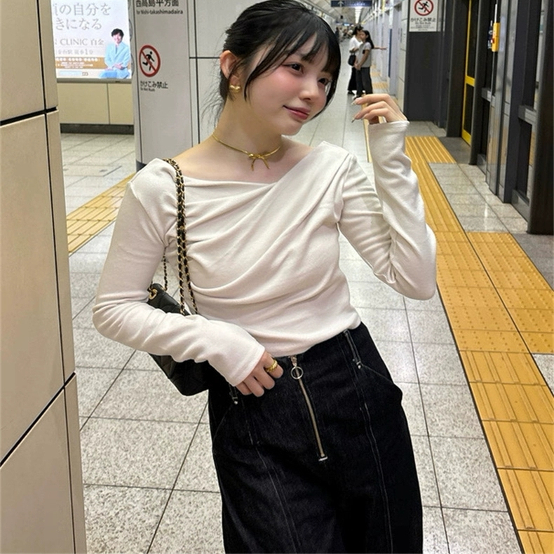 日单GRL法式荡领长袖一字肩T恤