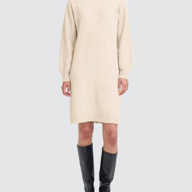 欧单燕麦色羊毛混纺极简风连衣裙
