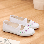 晨练鞋 白色绣花浅口帆布鞋 小白鞋 平跟跑步鞋 女学生体操鞋 舞蹈鞋