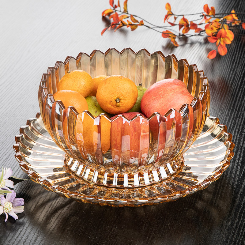2023新款条纹水果盘简约轻奢水晶玻璃果碗家用客厅茶几果盆加厚