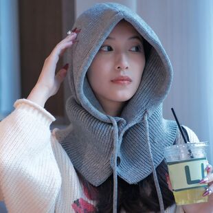 女士帽子女冬季保暖帽子围脖一体情侣款护耳毛线针织毛线包头帽NY