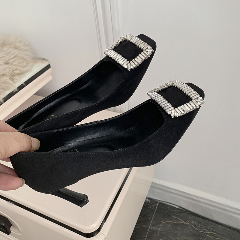 黑色方扣水钻高跟鞋女细跟方头