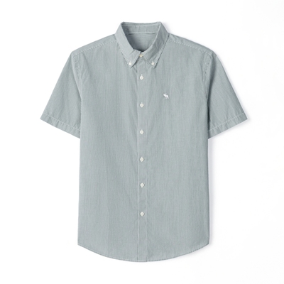 AF夏季短袖格子衬衫男士条纹小鹿标识刺绣休闲商务纯棉衬衣男