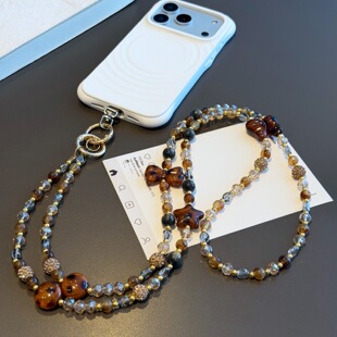 Leopard print bead phone chain long crossbody phone strap