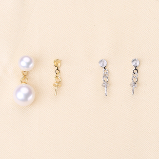 DIY配件S925纯银珍珠耳钉耳环空托双珠款耳饰珠宝蜜蜡手工银饰托