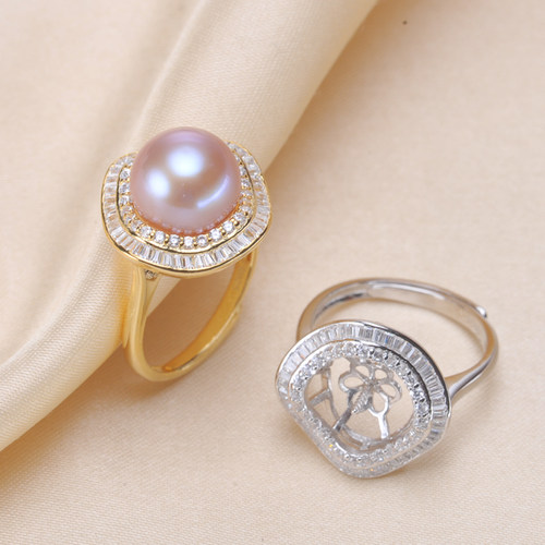 diy纯银18k金开口镶钻珍珠戒托