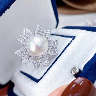 DIY珍珠配件S925纯银戒指空托大雪花开口戒珠宝玉石手工银饰品