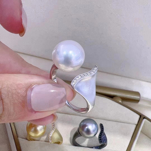 DIY珍珠戒指配件S925纯银开口戒空托枪黑色时尚戒指托手工半成品