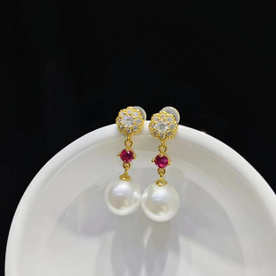 DIY珍珠耳环配件S925纯银耳饰空托 气质红钻款耳钉半成品手工材料