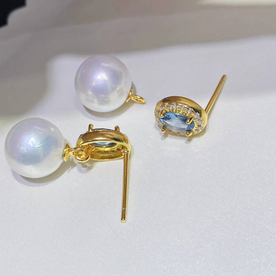 DIY珍珠耳环配件S925纯银耳饰空托圆钻可拆分 耳钉半成品手工材料