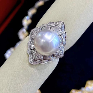 DIY珍珠戒指配件S925纯银开口戒空托满钻豪华大戒指手工半成品托