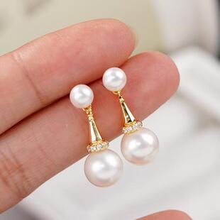 DIY珍珠耳环配件S925纯银耳饰空托 双珠小喇叭耳钉半成品手工材料