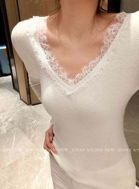 小侨JOFAY 蕾丝v领长袖针织衫 M1295