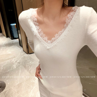M1295 针织衫 小侨JOFAY 蕾丝v领长袖