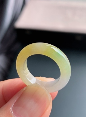 缅甸天然A货翡翠 冰糯种14号黄翡半山水男女戒指指环素圈戒圈NHA2