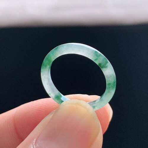 缅甸A货冰糯飘蓝花翡翠素圈戒指