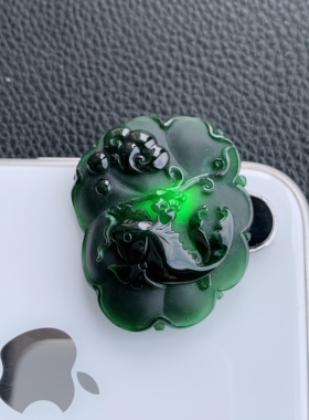 缅甸天然A货翡翠 墨翠墨绿连年有余挂件吊坠L19