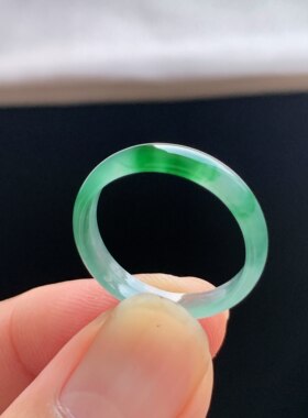 天然A货冰种阳绿翡翠素圈戒指