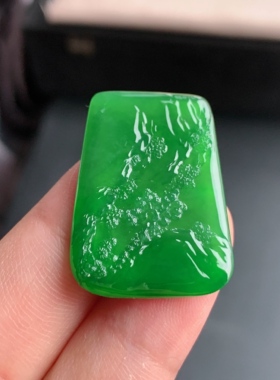 缅甸天然A货翡翠 冰糯种满绿阳绿山水牌镶件L11