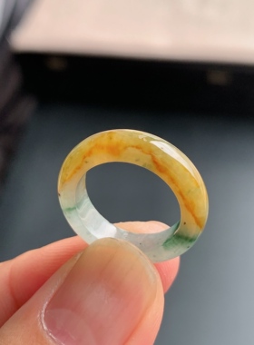 缅甸天然A货翡翠 冰糯种11号黄翡半山水戒指指环素圈戒圈NHA8