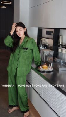 雍然睡衣专柜正品新款绿色条纹长袖长裤高级家居服套装显白可外穿