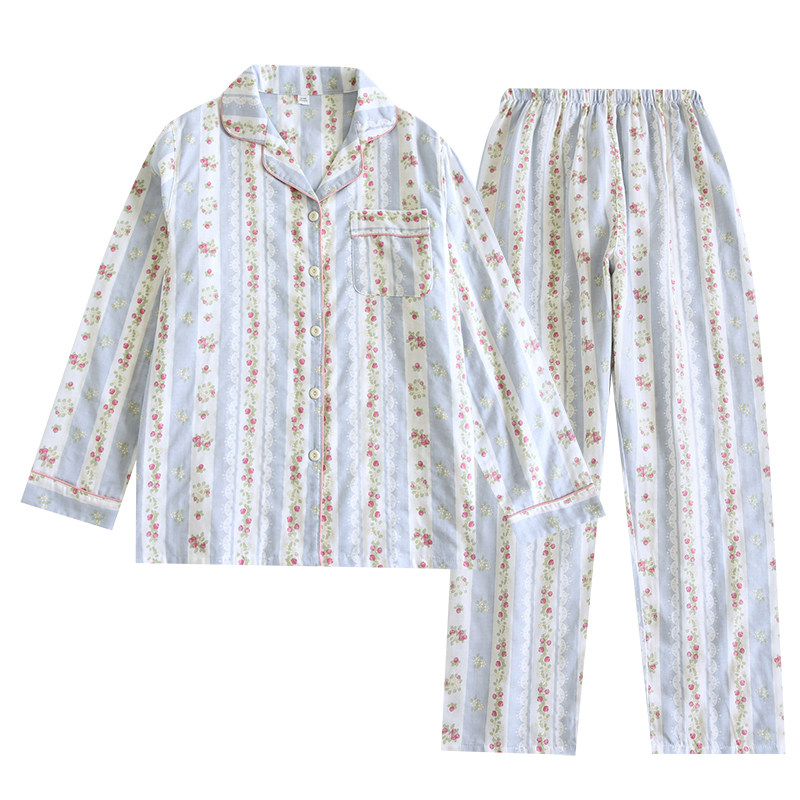 可爱条纹小果纯棉睡衣女春秋新款长袖卡通日系ins学生家居服套装