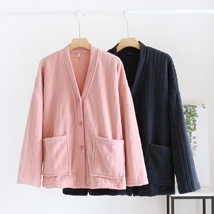 情侣米粒绒保暖上衣冬季女士加厚睡衣男士宽松大码简约V领家居服