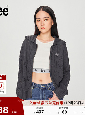 Lee舒适版双拉链绞花纹深灰色女针织毛衣休闲潮流LWT008923CUB
