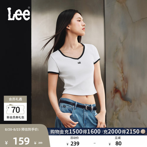 Lee26春夏新品修身版罗纹撞色V领小Logo徽标女短袖T恤休闲显瘦潮