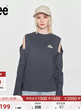 Lee舒适版圆领露肩印花Logo插肩袖灰色女长袖T恤潮流LWT0082344LE