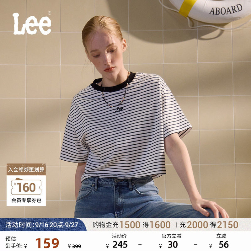 Lee商场同款舒适男友风条纹撞色刺绣圆领黑色女短款短袖T恤休闲潮图片