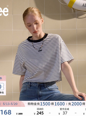 Lee商场同款舒适男友风条纹撞色刺绣圆领黑色女短款短袖T恤休闲潮