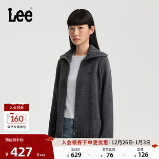 立领小刺绣Logo拉链铁灰色女毛衣开衫 Lee商场同款 25秋冬新舒适版