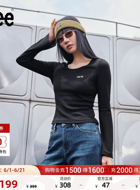 Lee修身版圆领刺绣Logo设计黑色女罗纹长袖T恤休闲潮LWT010876207