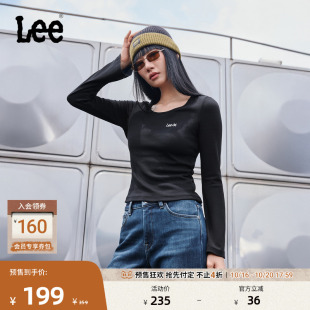圆领刺绣Logo设计黑色女罗纹长袖 版 Lee25秋冬新修身 T恤潮 预售