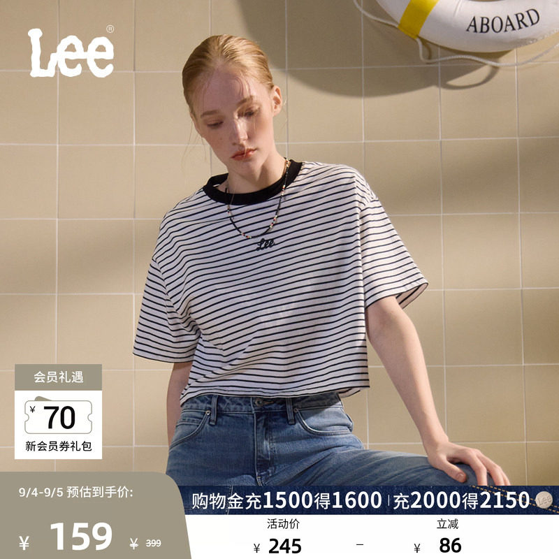 Lee商场同款舒适男友风条纹撞色刺绣圆领黑色女短款短袖T恤休闲潮图片