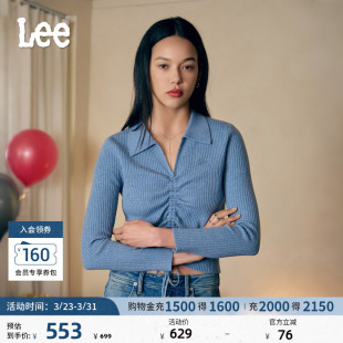Lee软fufu商场同款 V领刺绣Logo设计蓝色女毛衣LWT011367209 舒适版