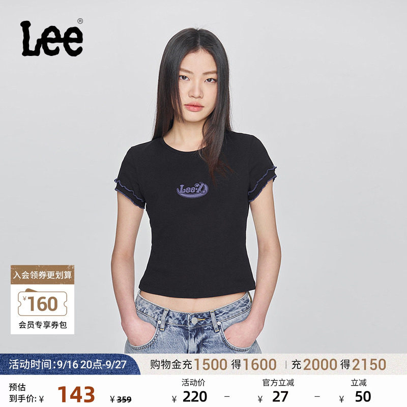 Lee修身版圆领刺绣Logo设计黑色女短袖T恤显瘦休闲潮LWT009880207图片